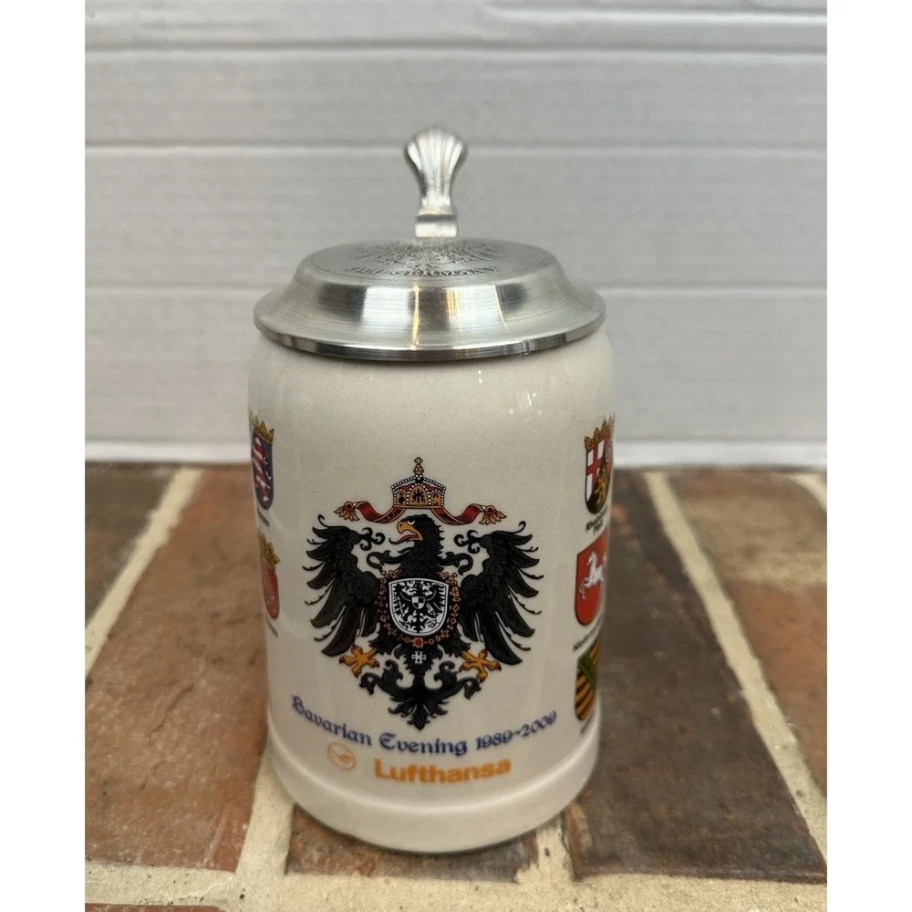 Old Germany Beer Stein Hinge Pewter Lid Bavarian Evening 1989-2009 Lufthansa